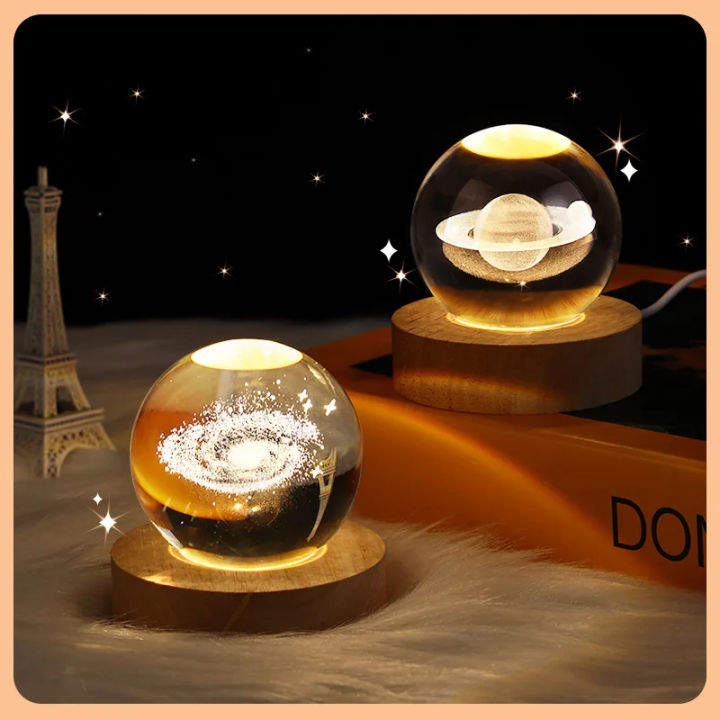 6/8cm 3D Crystal Ball Glass Planet LED Warm Night Light Laser Engraved Solar System Globe Universe Birthday Gift Wooden Base