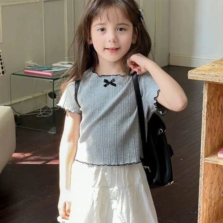 Toddler%20Girls%20Ruffle%20Trim%20Bow%20Knit%20T-Shirt%204-8%20Years%20Kids%20Short%20Sleeve%20Ribbed%20Tops%20Casual%20Cute%20Summer%20Tee%20for%20Little%20Girls%20-%20Image%205
