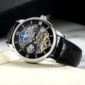 Forsining Luxury Skeleton Mechanical Watches for Men Dual Time Zone Tourbillion Automatic Watch Genuine Leather Strap Moon Phase. 