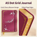 Cat & Cherry Blossom A5 Dot Grid Journal, 160gsm Thick Paper Hardcover Notebook, PU Leather Cover, Gilded Page Edges.