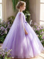 Elegant Purple Long Dress for Tween Girl,A Formal Gown Featuring Flowing Veil Belt Bow Decoration,Wedding,Birthday Party,Banquet. 