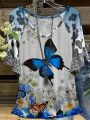 Plus Size Butterfly Print T-Shirt Casual V Neck Leopard Stitching Short Sleeve T-Shirt Women's Plus Size Clothing.
