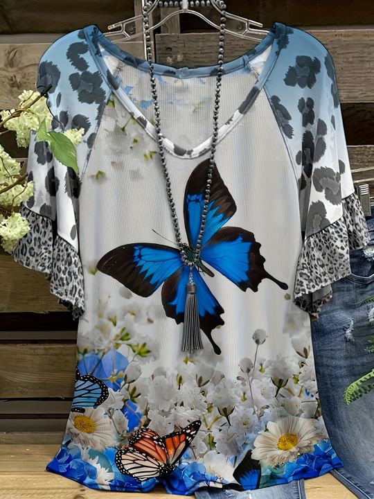 Plus Size Butterfly Print T-Shirt Casual V Neck Leopard Stitching Short Sleeve T-Shirt Women's Plus Size Clothing