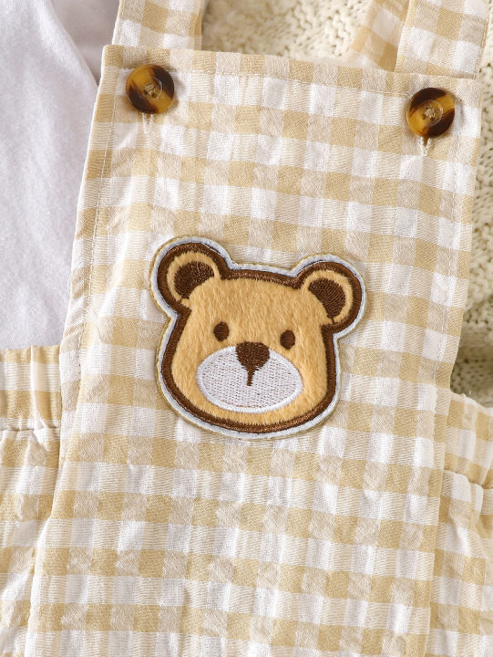 Summer%20newborn%20baby%20boy%20white-collar%20front%20open%20short%20sleeved%20shirt,%20apricot%20checkered%20cartoon%20bear%20embroidery%20pattern%202pieceset%20-%20Image%205