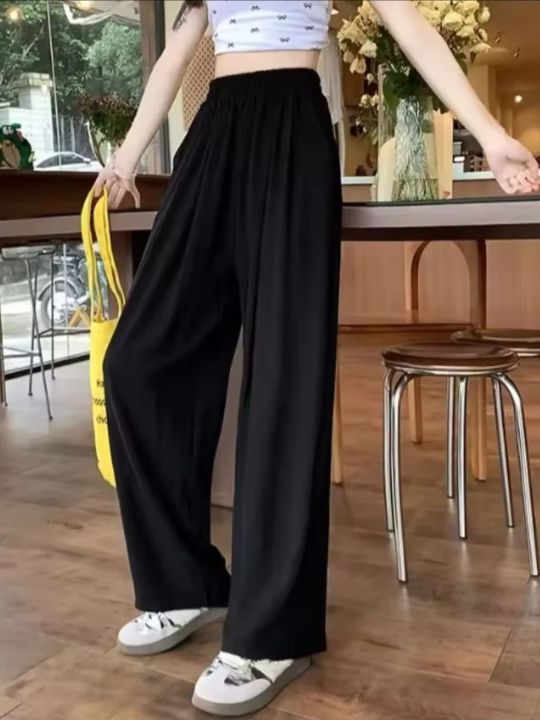 Plus size Women Ankle-Length Wide Leg Pants Casual Summer Solid Elastic Waist Loose Ice Silk Pants Spring Summer Female Trousers