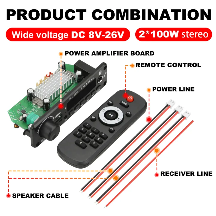 NEW%20200W%20%20Amplifier%20Bluetooth%20DIY%20MP3%20WAV%20Decoder%20Board%20DC%2012V%20100W%20%20Wireless%20Car%20USB%20MP3%20Player%20TF%20Card%20Slot%20USB%20FM%20with%20Mic%20-%20Image%206