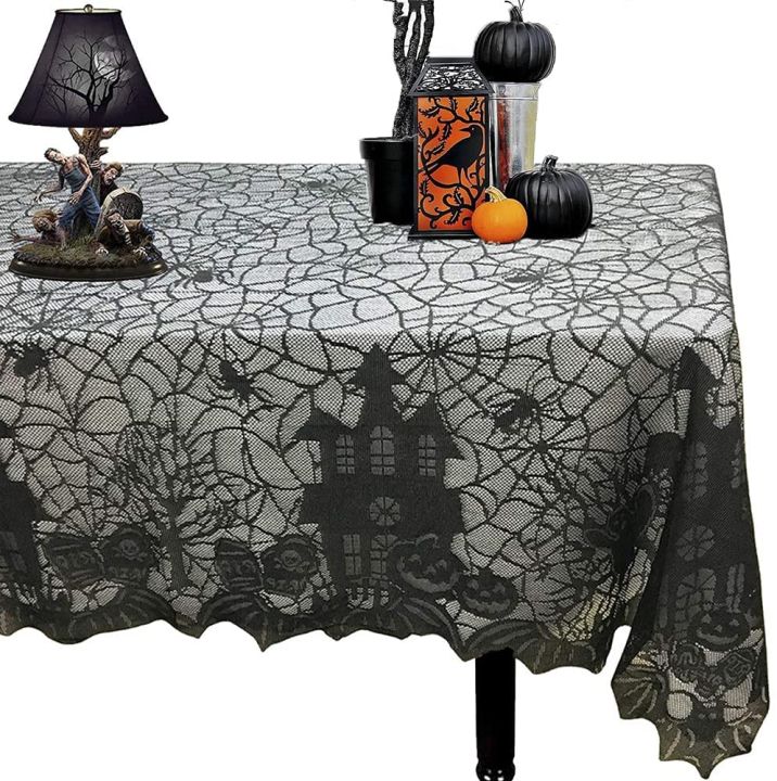 1 Pcs of Halloween Lace Tablecloth Spider Web Skull Pattern Rectangular Shape for Party Decoration Haunted House Pumpkin Design