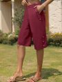 FLASH DEAL Women's Casual Knee Length Shorts 2025 Summer New Elastic Waist Loose Fit Solid Color Shorts with Side Button Detail. 