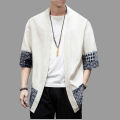Men's Japanese Kimono Cardigan Loose Cotton Linen 3/4 Sleeve Open Front Casual Summer Shirt Jackets.