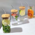 Beautiful Transparent Square Tumbler Glass / Drinking Glass with Glass Straw / Drinking Glass with air tight bamboo Lid. 