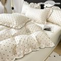 3pcs  Korean lace Duvet Cover Set (1*Duvet Cover + 2*Pillowcase, Without Core), Black dot print print Bedding Set. 
