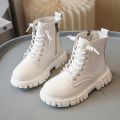 Spring Autumn Girls Ankle Boots Fashion School Kids Leather Boots Thick Bottom Non-slip Children's Platform Causal Boots Black.