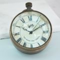 (H).  VTG Brass Eye of Time Per Mare Per Terram By Land Watch
  Brass Table clock Nautical shelf & desk clock. 