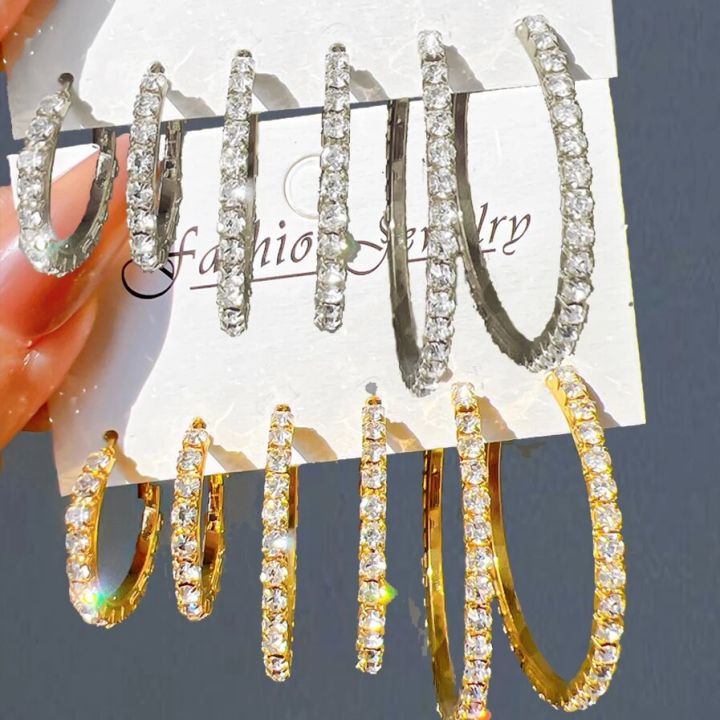 3 Pairs Full Diamond Elegant Multi Size Big Circle Earring Set Versatile For Ladies And Girls Parties Current Festival Gifts