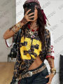 Summer New Leopard No. 23 Print T-Shirt For Women V-Neck Patchwork Short Sleeve Sports Football Jersey Y2K Loose Oversized Tops.