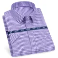 Mens Short Sleeve Shirt Business Casual Classic Plaid Striped Checked Male Social Dress Shirts Purple Blue 5XL Plus Large Size. 