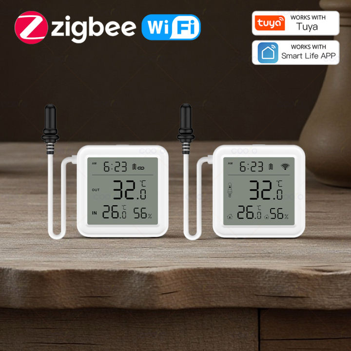 Tuya WiFi Zigbee Temperature Humidity Meter with External Probe Sensor Digital LCD Screen Thermometer for Fish Tank Freezer