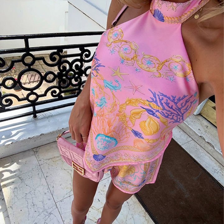 Summer%20Holiday%20Matching%20Sets%20Print%20Tops%20Shorts%20Women's%20Halter%20Backless%20Lace-up%20Top%20Beach%20Outfits%20Vacation%20Blue%20Pink%20Yellow%202026%20-%20Image%206