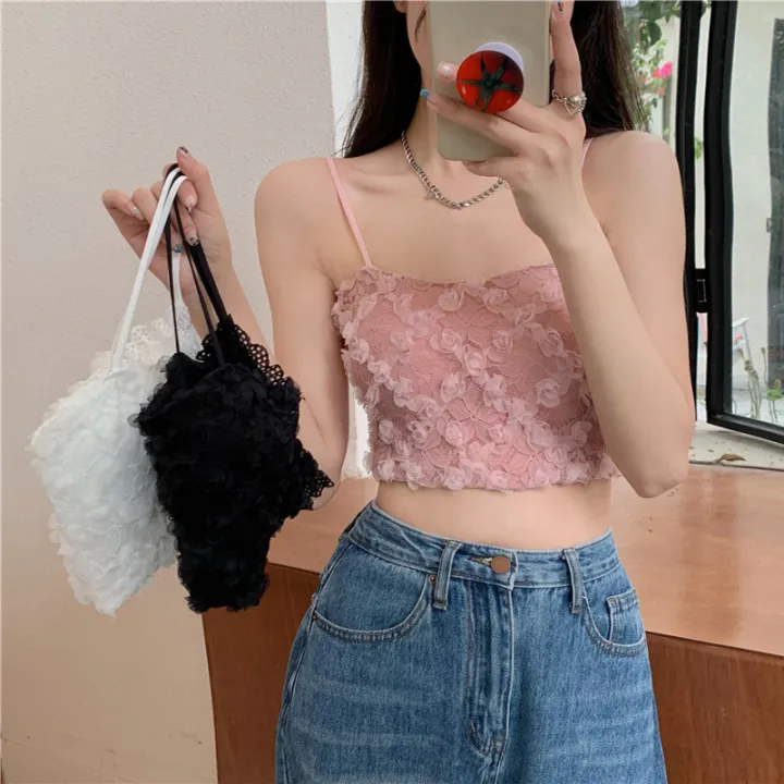 Women Summer New Rose Lace Tank Top Sexy Off Shoulder Crop Tops With Bra Pad Backless Sweet Outer Wear Underwear Solid Tube Tops