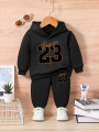 Baby boy long sleeved size 23 digital pattern fleece long sleeved hooded sweatshirt+long pants two-piece set suitable for casual. 