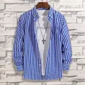 Mens Dress Shirts Striped Long Sleeve Plaid Checked Shirt Smart Casual Business Non-Ironing Korean Slim Fit Formal Blue White. 