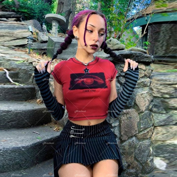 Fairy grunge Women Y2k Style Crop Top O-neck Tshirt Red Streetwear Short Sleeve T-shirt Punk Vintage Gothic Graphic emo T Shirt