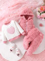 Three Piece Set of Fashionable and Casual Jacquard Love Plush Hooded Vest and Love Plush Top and Pants Set for Baby Girls.