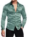 Men's luxurious shiny silk satin dress shirt Long sleeved casual slim muscle button-down shirt. 