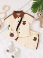 Toddler Bear Print 3-Piece Outfit, Beige & Brown Polo Shirt + Shorts + Crossbody Bag, Baby Boy Summer Casual Clothing Set. 