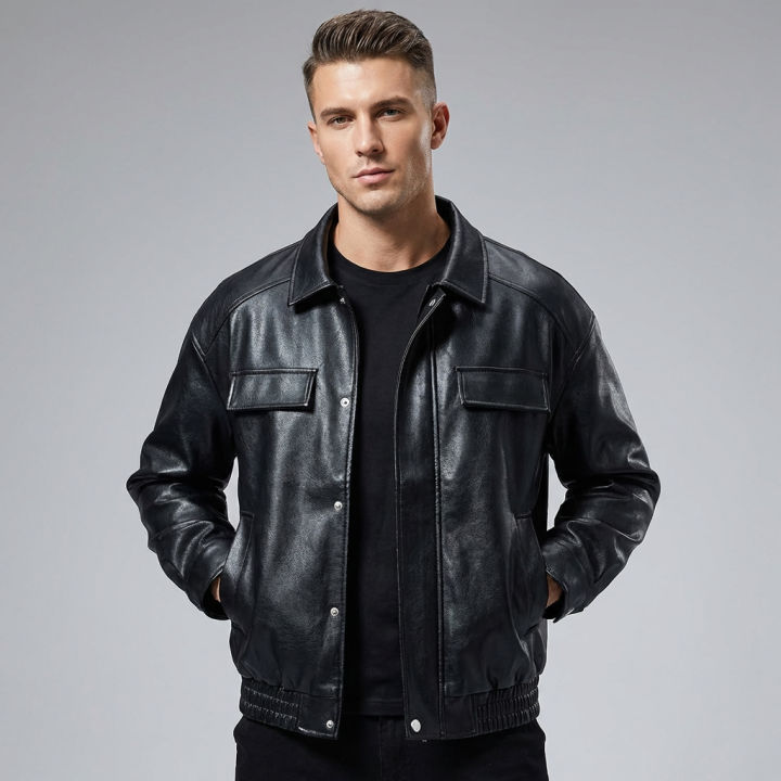 Men's Stylish Vintage Front Pocket Leather Jacket .