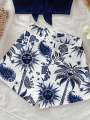 Women's Summer Vacation Coconut Tree and Sun God Cashew Print 2-Piece Set, Suitable for Vacation, Summer, and Fashionable Spring.