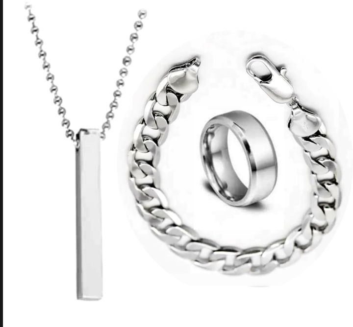 3pcs/Set Locket Set For Men Fashion Trendy Stainless steel Bar Stick Locket +Stainless steel Silver  Chain Braclate +Titanium Stainless steel Silver Ring For Men Neve Fade Color