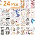 24 Sheets Cute Cartoon Cat Temporary Tattoos Watercolor Cat Design Tattoo Sticker For Woman Kids Waterproof Face Hand Fake Tatto. 