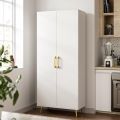 EF furniture White Storage Cabinet 69” Tall - Storage Cabinet w/ 2 Doors and Adjustable Shelves, Freestanding Kitchen Pantry w/Gold Handles and Legs, Wooden Wardrobe Cabinet for Bedroom, Laundry. 