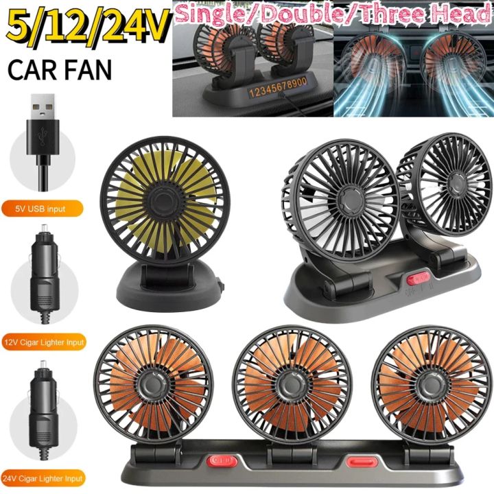 Car Fan 360° Adjustable 1/2/3 Head Air Fan Automotive Electric Fan USB/12V/24V Fan 2 Speeds Car Silent Fan for Home Desk Car