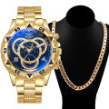 2Pcs/set Men's Watch Fashion Big Dial Male Business Dress Quartz Wrist Watch with Necklace.