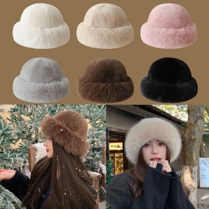 Fashion Headwear Fluffy Fur Winter Hat Solid Color Thicken Bucket Hat Plush Cold Windproof Berets Chrismas s