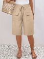 Plus Size Women's Beige Casual Drawstring Cargo Shorts Comfortable Summer Bottoms.