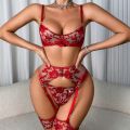 New red heavy industry rose embroidery slim fit perspective gathering gemstone decoration lingerie four piece set.