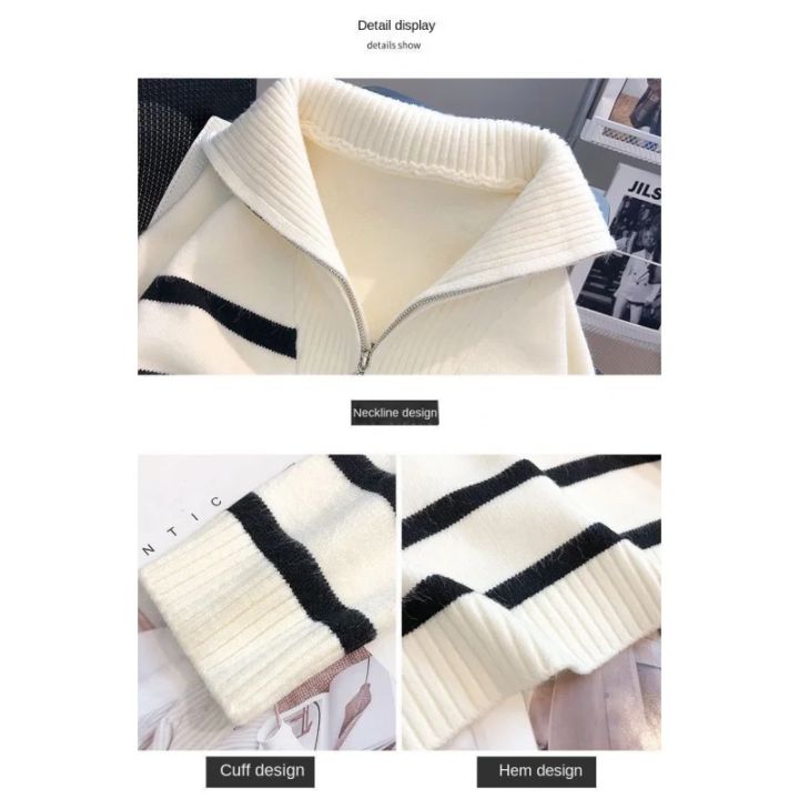 Sweater%20pullover%20women%20Spring%20and%20Autumn%20underwear%202024%20New%20zipper%20stripe%20underlay%20short%20style%20popular%20premium%20sweater%20female%20-%20Image%205