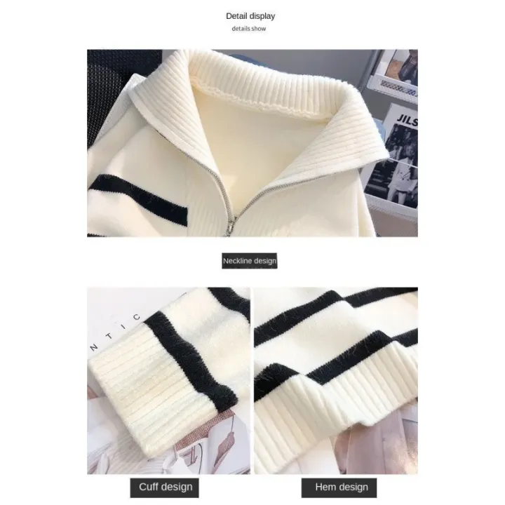 Sweater%20pullover%20women%20Spring%20and%20Autumn%20underwear%202024%20New%20zipper%20stripe%20underlay%20short%20style%20popular%20premium%20sweater%20female%20-%20Image%205