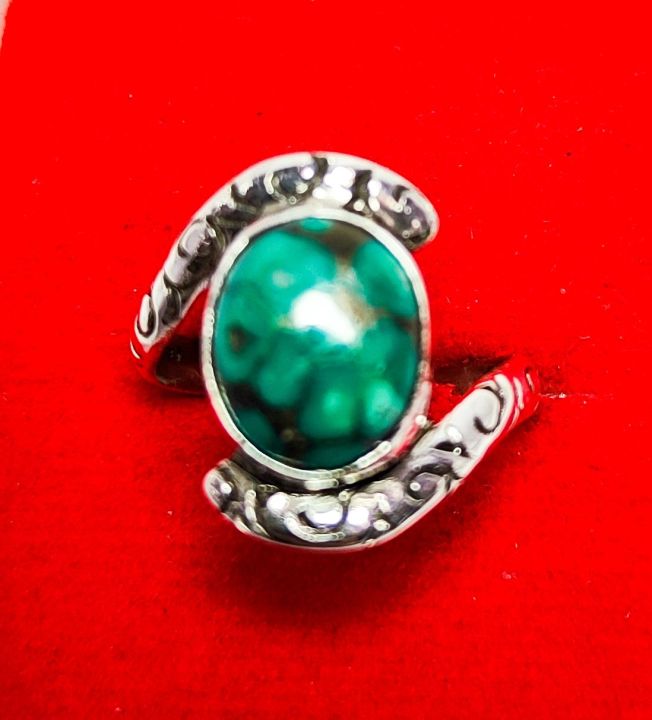 Pure Silver Carving Ring With Turquoise Stone