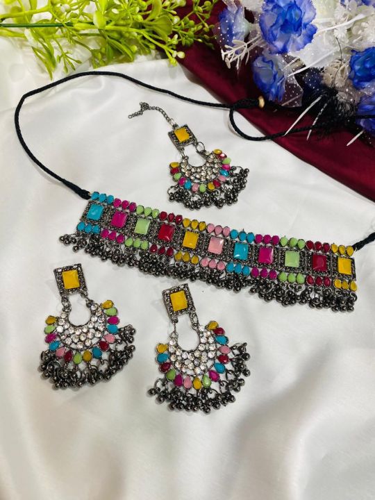 Indian Gold Plated Necklace Set For_Women-3 Part Earrings Tikli