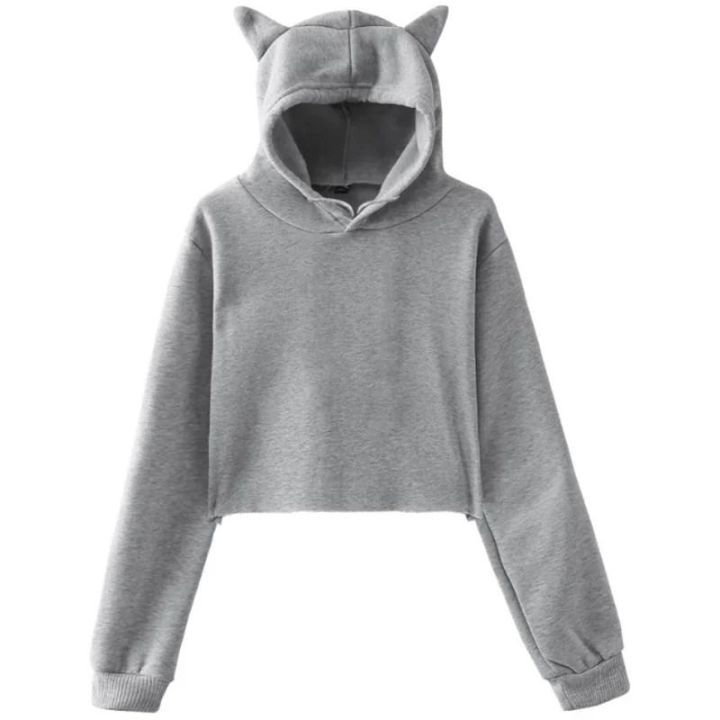 Women's Pink Sexy Casual Fleece Cropped Hoodie Casual Plus Size Pullovers Cat Ears Hoodie Solid Crop Sweatshirts Female Clothes