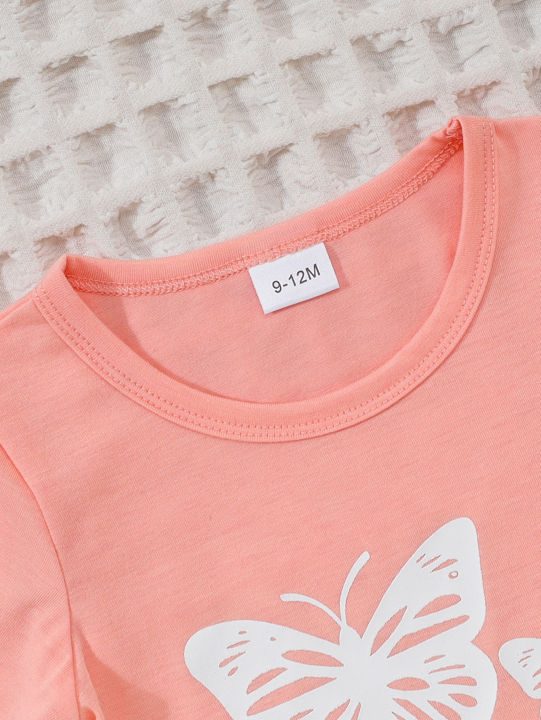 Summer%20Baby%20Girls%209-12M%20Pink%20Butterfly%20Print%20Short%20Sleeve%20T-Shirt%20&%20Gray%20Elastic%20Waist%20Shorts%202Pcs%20Set%20-%20Image%203