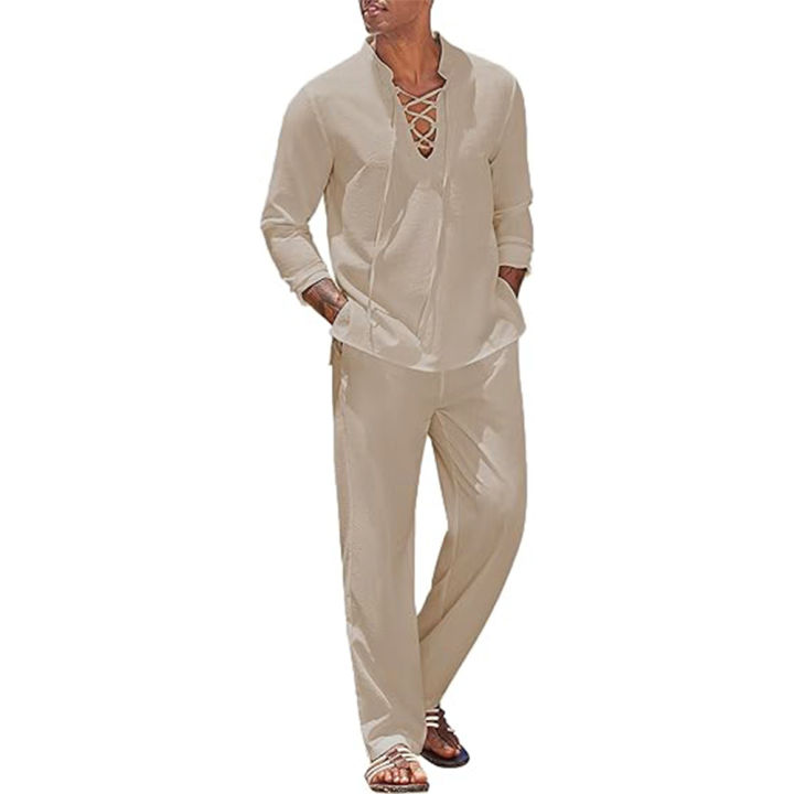 2pcs%20Set%20Men's%20Cotton%20Linen%20Shirt%20and%20Pants%20Suits%20for%20Men%20Beach%20Wear%20Tracksuit%20Solid%20Color%20Shirts%20Sweatpants%20Hawaiian%20Vacation%20-%20Image%203