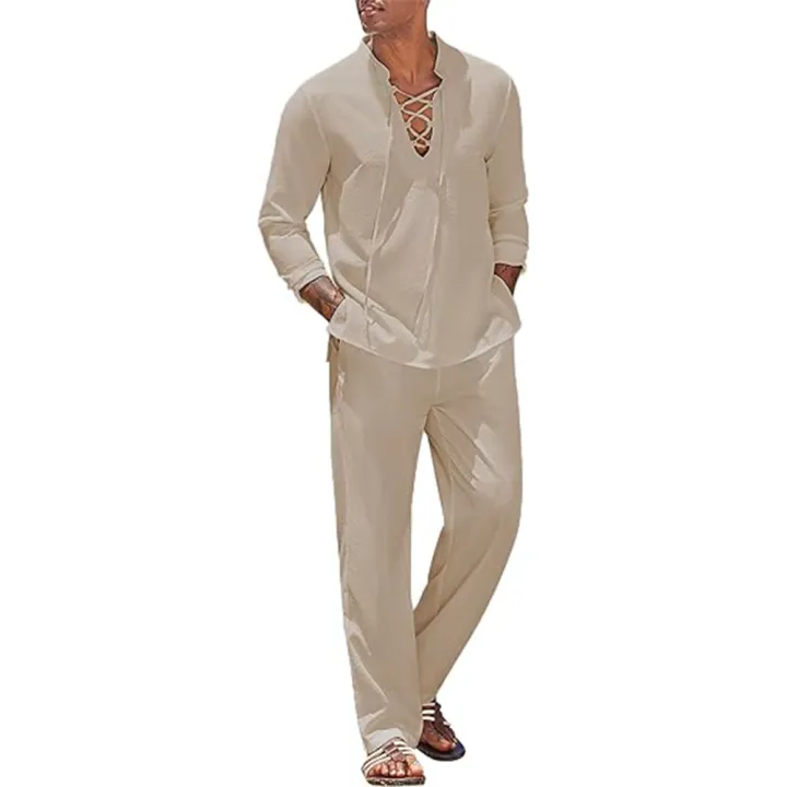2pcs%20Set%20Men's%20Cotton%20Linen%20Shirt%20and%20Pants%20Suits%20for%20Men%20Beach%20Wear%20Tracksuit%20Solid%20Color%20Shirts%20Sweatpants%20Hawaiian%20Vacation%20-%20Image%203