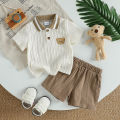 2Pcs Toddler Baby Boy Shorts Set Summer Outfit Infant Bear Collared Short Sleeve Cable T-Shirts And Shorts Kids Clothes For 1-3Y. 