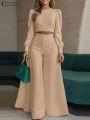 2025 Autumn Pant Sets ZANZEA Fashion 2PCS Women Outfits Solid Tracksuits Suit Long Sleeve Blouses Wide Leg Trousers 2 Piece Set. 