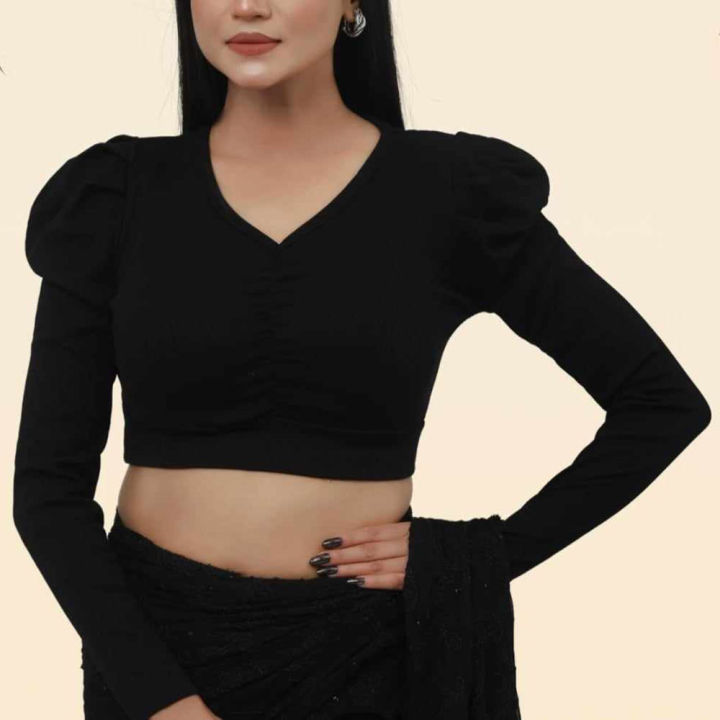 Crop Top Blouse For Women Summer Casual Wear Soft Cotton Fabric Trendy A-Line Style Full Sleeve Top Solid Color